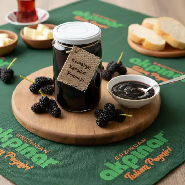 Kahvaltı masasında karadut pekmezi kavanozu ve yanında karadut sosu