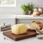 Ekmek dilimleri ve kesme tahtası üzerinde sergilenen Yayık Kahvaltılık Tuzsuz Tereyağı 500 gr.