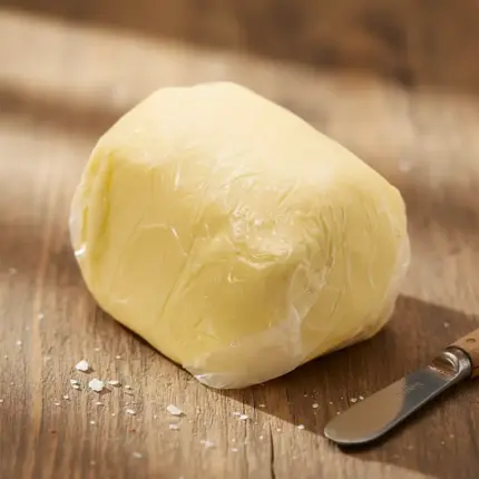 Ahşap masa üzerinde ambalajlı Yayık Kahvaltılık Tereyağı 500 gr, yanında tereyağı bıçağıyla sunulan doğal tereyağı görseli.