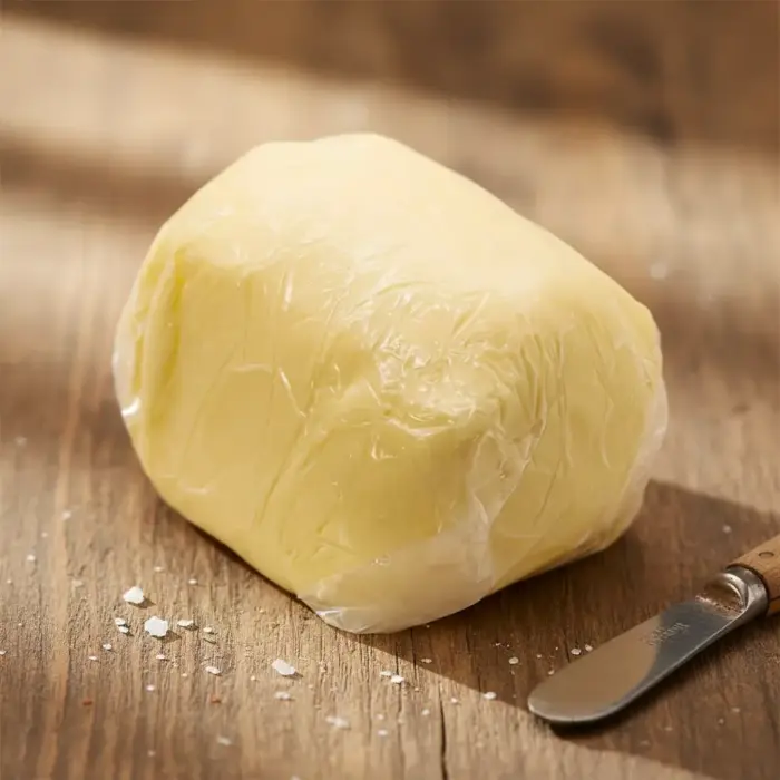 Ahşap masa üzerinde ambalajlı Yayık Kahvaltılık Tereyağı 500 gr, yanında tereyağı bıçağıyla sunulan doğal tereyağı görseli.