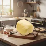 Hamur ve kurabiye hazırlığı yapılan mutfakta büyük blok halde Yayık Kahvaltılık Tuzsuz Tereyağı 500 gr.