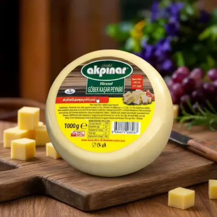 Akpınar Yöresel Göbek Kaşar Peyniri 1000 gr, ahşap zemin üzerinde üzüm ve küp kaşar parçalarıyla sunuluyor.