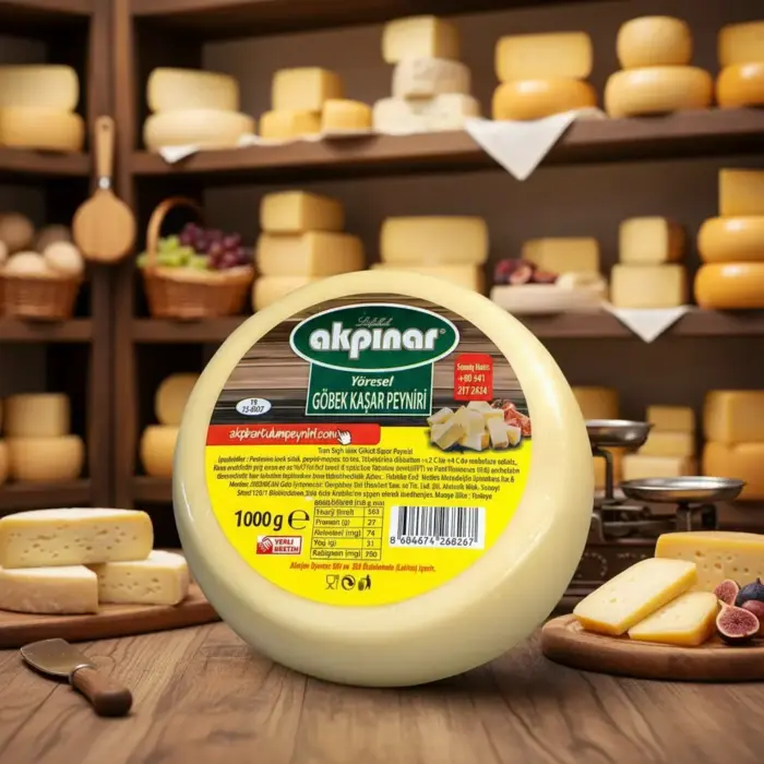 Akpınar Göbek Kaşar Peyniri 1000 gr, peynir reyonu arka planında tanıtım sunumuyla gösteriliyor.