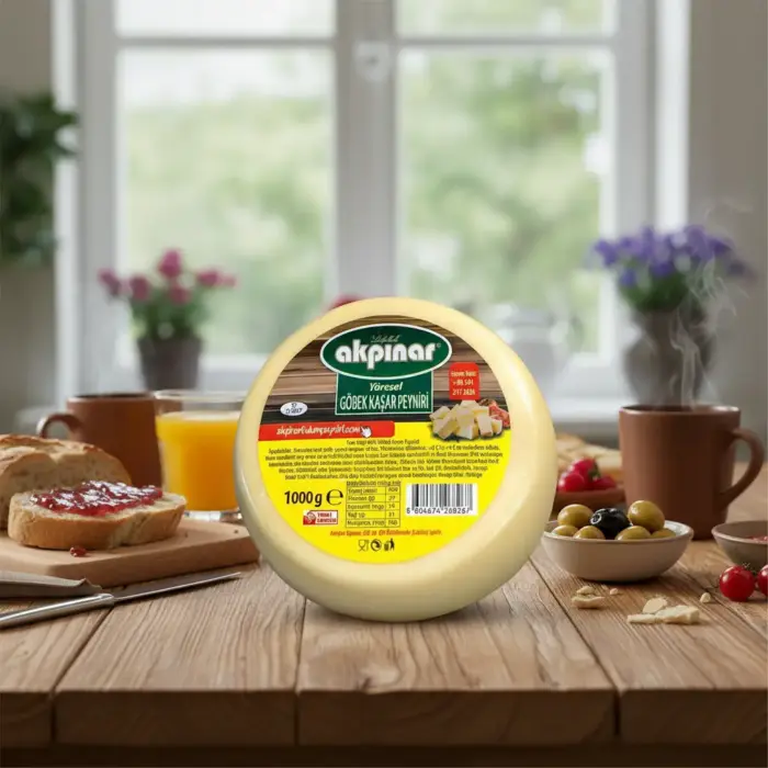 Akpınar Yöresel Göbek Kaşar Peyniri 1000 gr, reçel, çay, portakal suyu ve zeytinle hazırlanmış kahvaltı masasında sunuluyor.