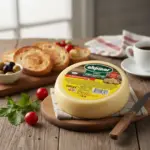 Akpınar Göbek Kaşar Peyniri 1000 gr, kahvaltı masasında kızarmış ekmek, zeytin ve domates eşliğinde sunuluyor.