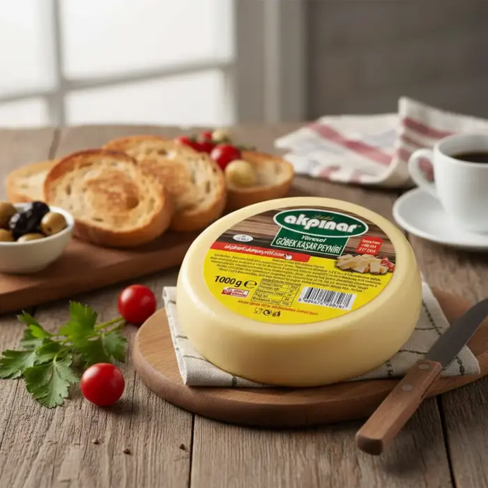 Akpınar Göbek Kaşar Peyniri 1000 gr, kahvaltı masasında kızarmış ekmek, zeytin ve domates eşliğinde sunuluyor.