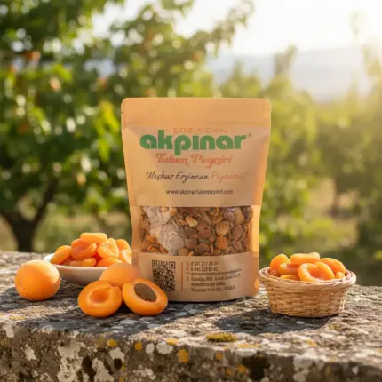 Kayısı bahçesi önünde sergilenen Akpınar Erzincan gün kurusu kayısı paketi ve taze kayısılar.
