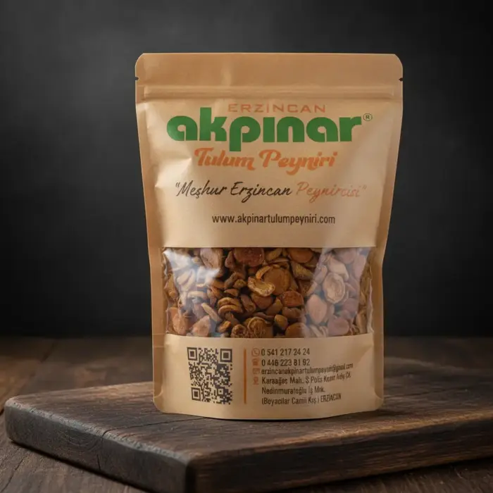 Akpınar Erzincan kayısı kurusu paketi karanlık fonda ahşap zemin üzerinde.