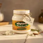 Beyaz fonda Akpınar Erzincan Keçi Tulum Peyniri kavanozu, yanında kırık tulum peyniri ve baharatlar.