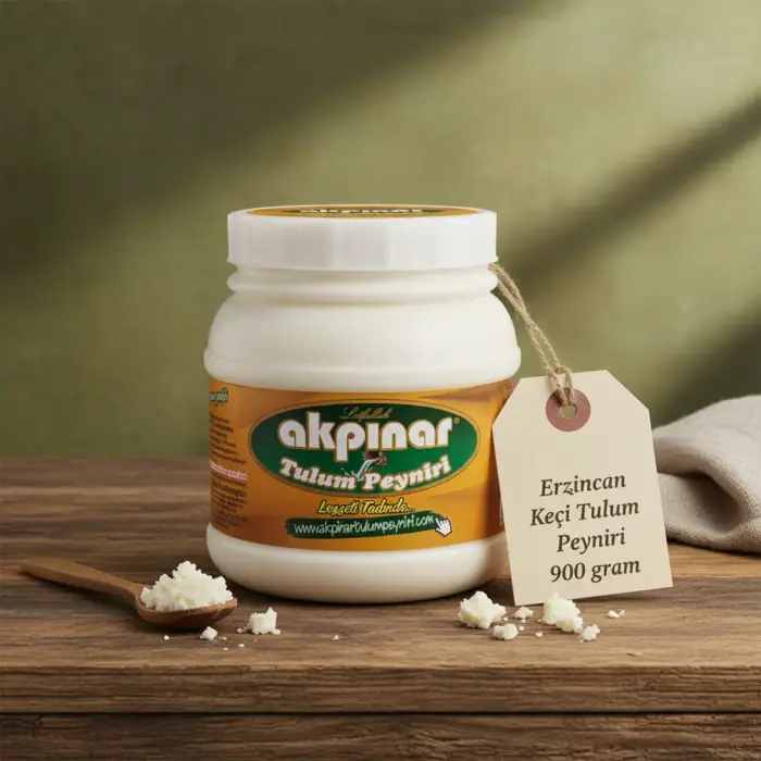 Ahşap masa üzerinde etiketli Akpınar Erzincan Keçi Tulum Peyniri ve tahta kaşıkla peynir sunumu.
