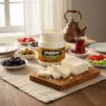 Kahvaltı sofrasında Akpınar Erzincan Keçi Tulum Peyniri ve çay ile doğal peynir sunumu.