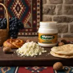 Etno desenli fon üzerinde Akpınar Tulum Peyniri, ceviz ve geleneksel ekmek sunumu.