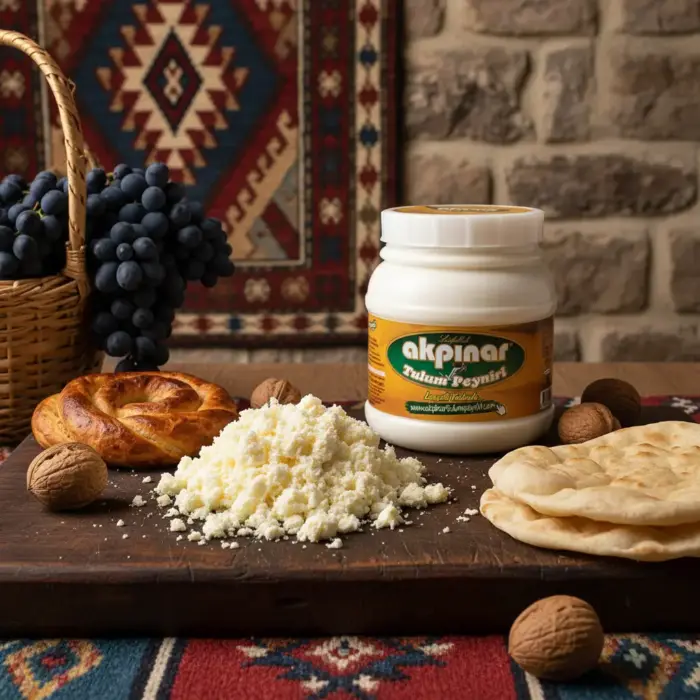 Etno desenli fon üzerinde Akpınar Tulum Peyniri, ceviz ve geleneksel ekmek sunumu.
