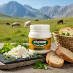 Dağ manzarası önünde Akpınar Tulum Peyniri ve taze kırılmış peynir sunumu.