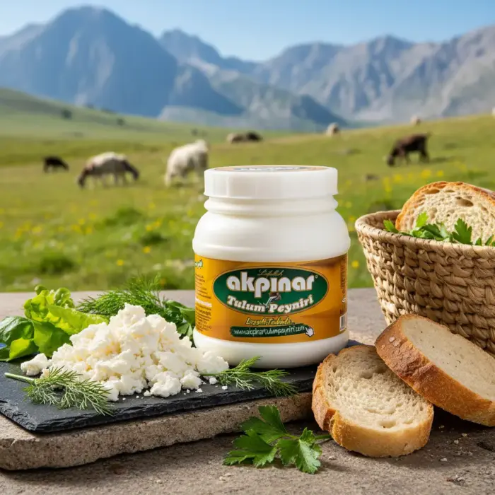 Dağ manzarası önünde Akpınar Tulum Peyniri ve taze kırılmış peynir sunumu.