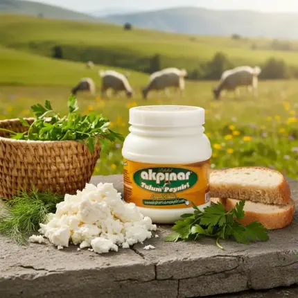 Doğal kır manzarası önünde Akpınar Tulum Peyniri ve yanında otlar ve ekmekler.