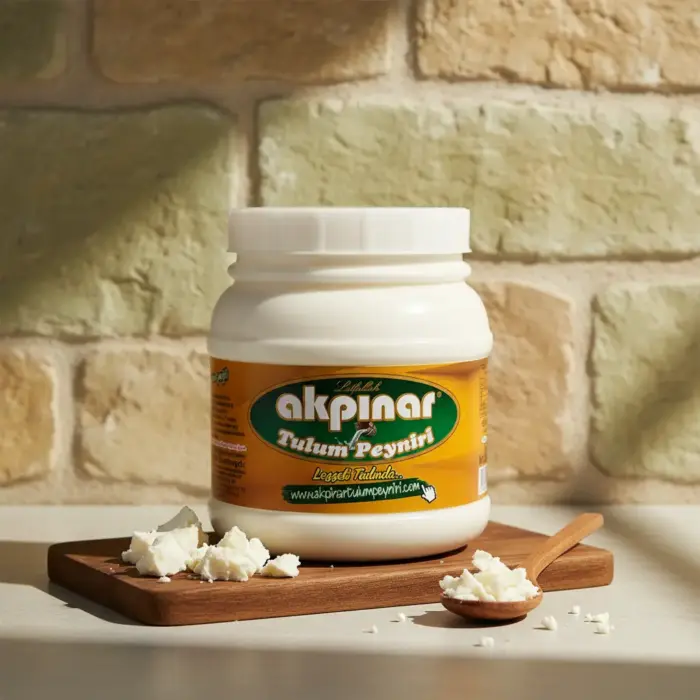 Tuğla duvar fonunda Akpınar Tulum Peyniri kavanozu ve tahta kaşıkla sunulan peynir parçaları.