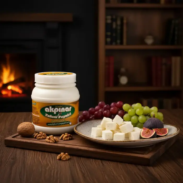 Akpınar Tulum Peyniri kavanozu, üzüm, incir ve ceviz ile servis edilmiş peynir küpleri.