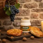 Üzüm sepeti, ceviz ve köy çöreği eşliğinde Akpınar Tulum Peyniri kavanozu.