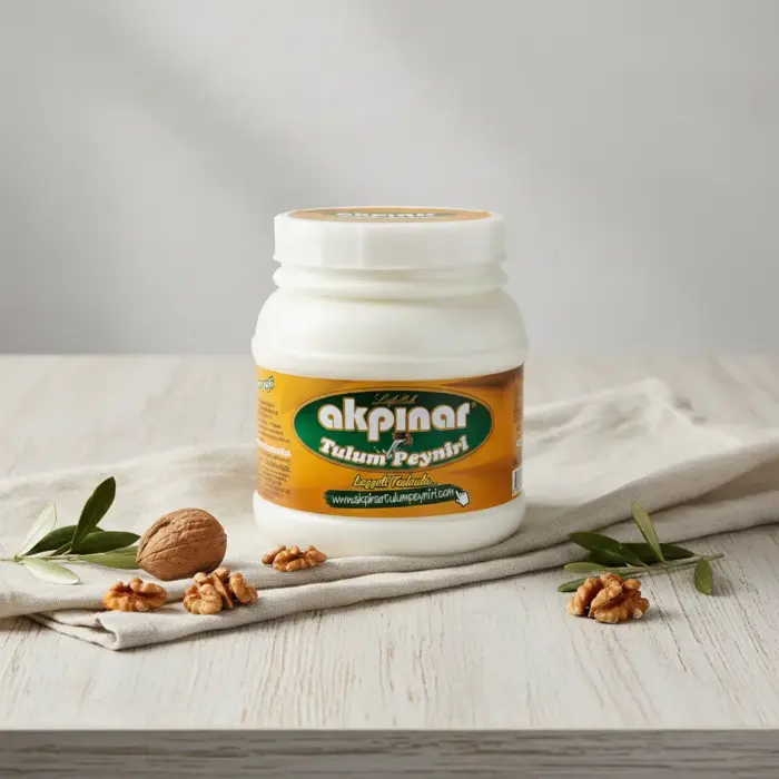 Minimal beyaz fonda Akpınar Tulum Peyniri kavanozu, ceviz ve zeytin dalı ile.
