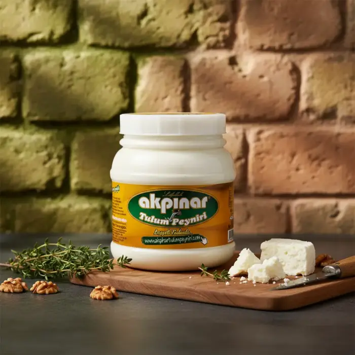 Tuğla duvar fonunda Akpınar Tulum Peyniri kavanozu, yanında ceviz ve tulum peyniri parçaları.