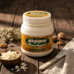 Ahşap masada Akpınar Tulum Peyniri kavanozu ve kase içinde kırılmış peynir.