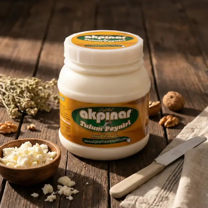 Ahşap masada Akpınar Tulum Peyniri kavanozu ve kase içinde kırılmış peynir.