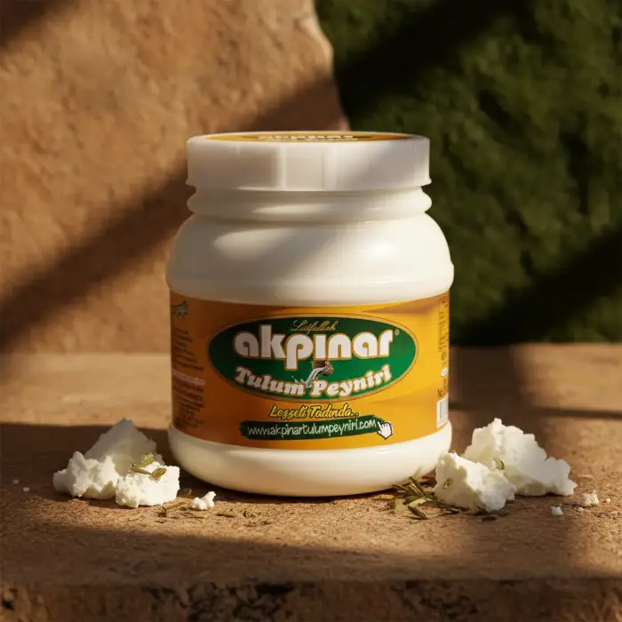 Doğal taş yüzey üzerinde Akpınar Tulum Peyniri kavanozu ve ufalanmış peynir parçaları.