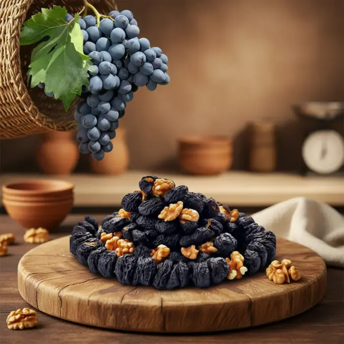 Ahşap zemin üzerinde cevizli saruç ve üzüm görseli