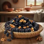 Hasır sepet ile sunulan cevizli saruç ve üzüm