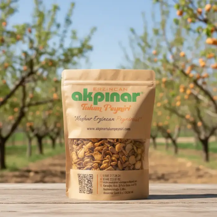 Akpınar Erzincan gün kurusu kayısı paketi kayısı ağaçlarının bulunduğu bahçede.