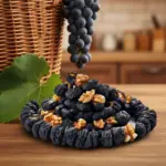 Sepet ve üzüm yaprağı eşliğinde cevizli saruç sunumu