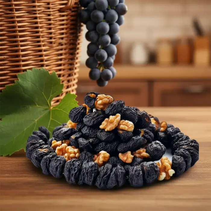 Sepet ve üzüm yaprağı eşliğinde cevizli saruç sunumu