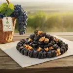 Bağ manzarasında sepette üzüm ve cevizli saruç sunumu