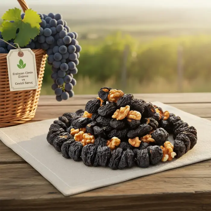 Bağ manzarasında sepette üzüm ve cevizli saruç sunumu