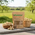 Bağ bahçesi arka planda, kraft paket içerisinde Erzincan dut kurusu ve taze beyaz dutlar – Akpınar Dut Kurusu