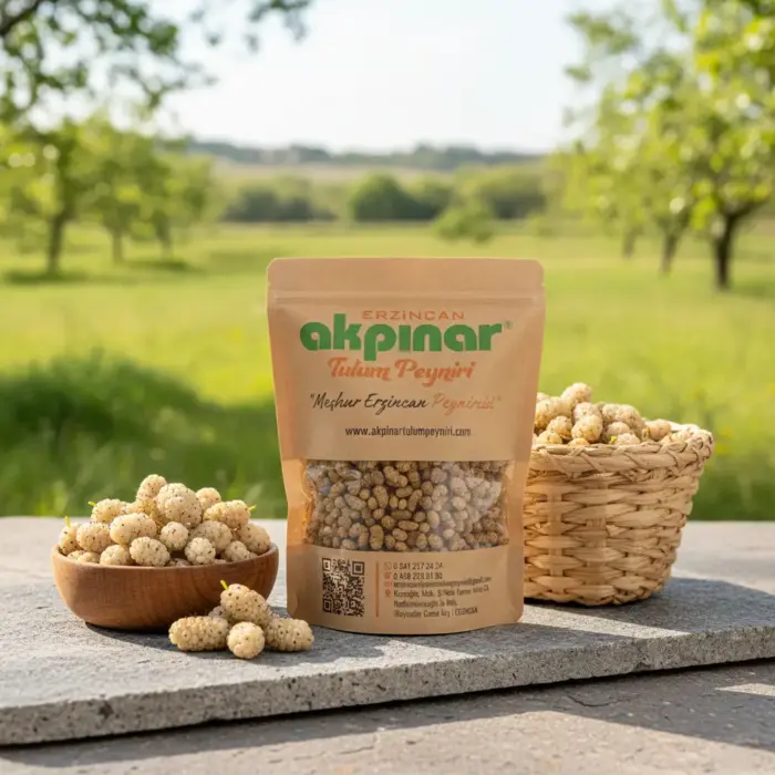 Bağ bahçesi arka planda, kraft paket içerisinde Erzincan dut kurusu ve taze beyaz dutlar – Akpınar Dut Kurusu