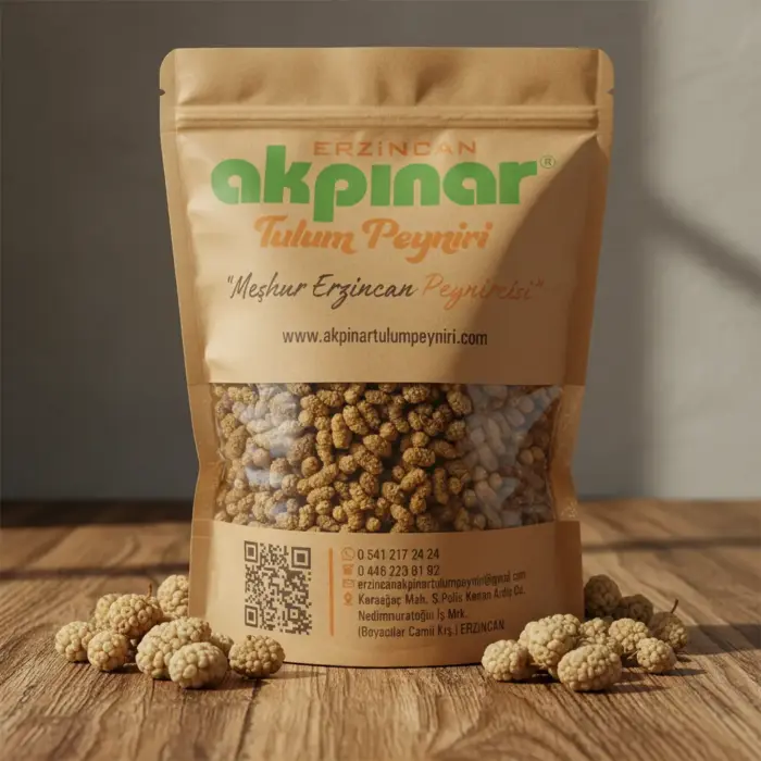 Güneş ışığında kraft pakette Erzincan dut kurusu ve çevresinde taze dutlar