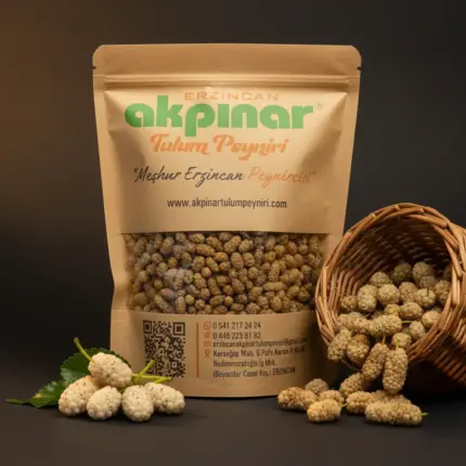 Kraft ambalaj içinde Erzincan dut kurusu, yanında sepetten taşan dutlar – Akpınar Dut Kurusu