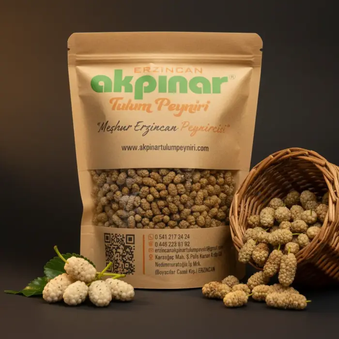 Kraft ambalaj içinde Erzincan dut kurusu, yanında sepetten taşan dutlar – Akpınar Dut Kurusu