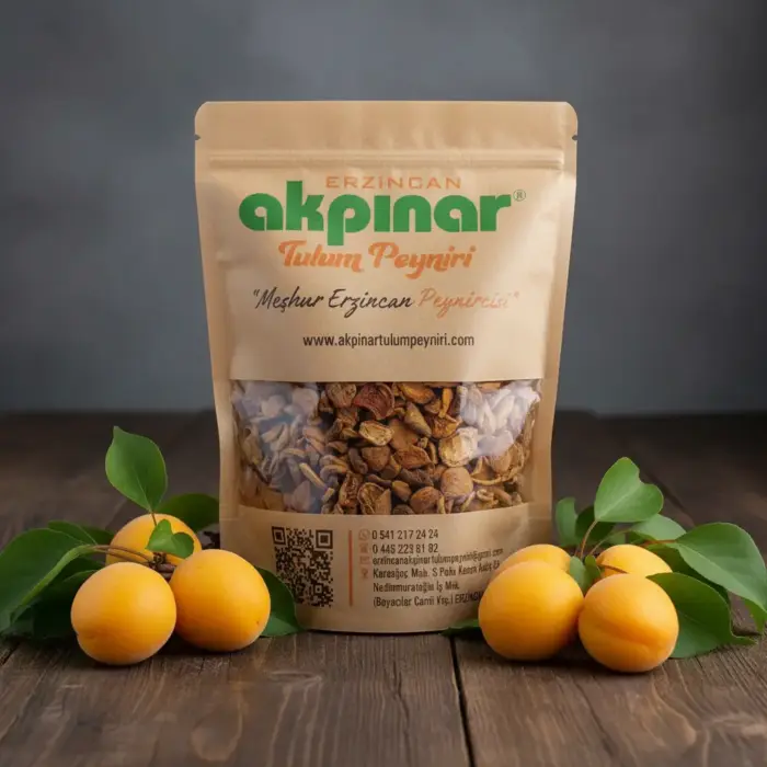 Akpınar Erzincan gün kurusu kayısı paketi, taze kayısılarla ahşap zemin üzerinde.