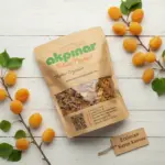 Beyaz masa üzerinde kayısı dalları ve Akpınar Erzincan gün kurusu kayısı paketi.