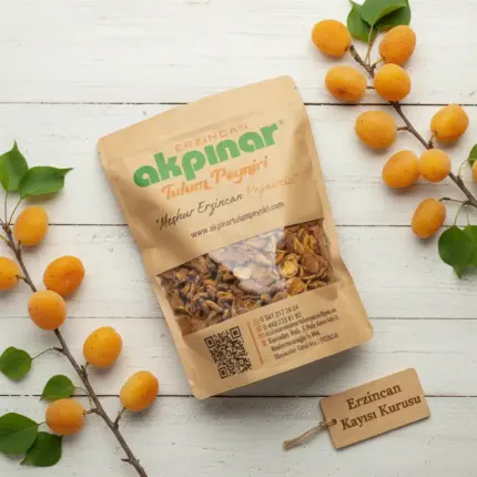 Beyaz masa üzerinde kayısı dalları ve Akpınar Erzincan gün kurusu kayısı paketi.
