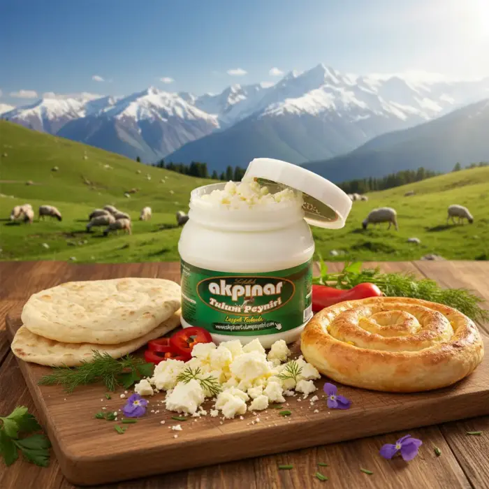 Açık kapaklı Erzincan Tulum Peyniri 900 gr yayla manzarasında sunum