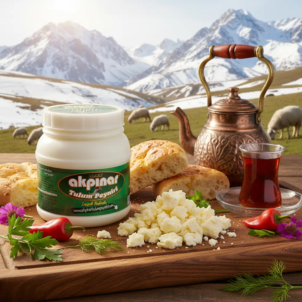 Erzincan Tulum Peyniri 900 gr | Geleneksel Bakır Çaydanlık Sunumu Geleneksel bakır çaydanlık ve ekmek yanında Erzincan Tulum Peyniri 900 gr