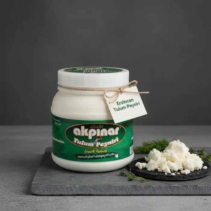 Gri taş zemin üzerinde Erzincan Tulum Peyniri kavanozu ve yanında taze peynir sunumu