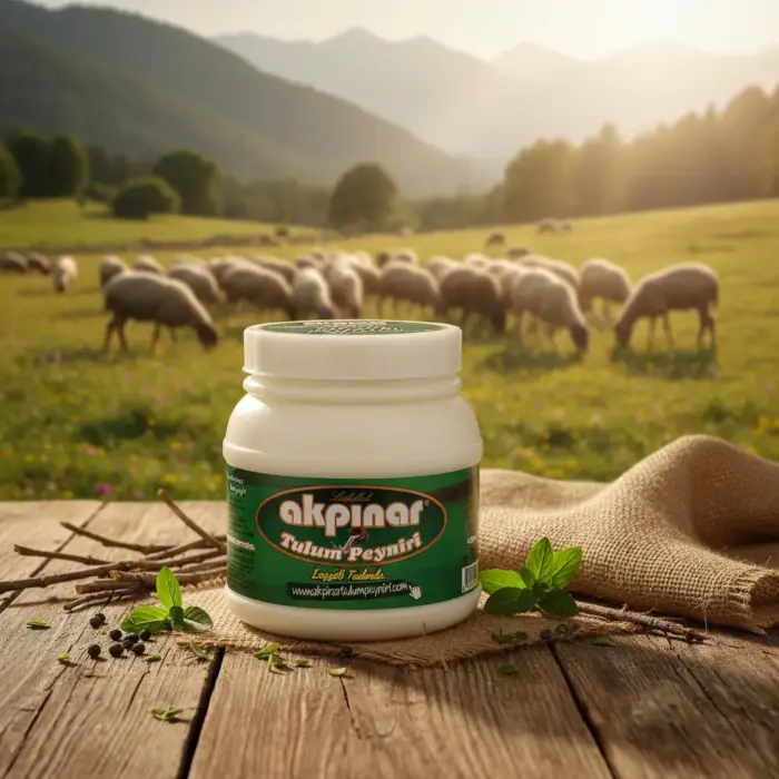 Munzur Dağları manzarası ve koyun sürüsü arka planda, önde Erzincan Tulum Peyniri kavanozu