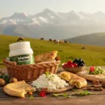 Dağ manzarası eşliğinde sofra üzerinde Erzincan Tulum Peyniri 900 gr ve yöresel yiyecekler