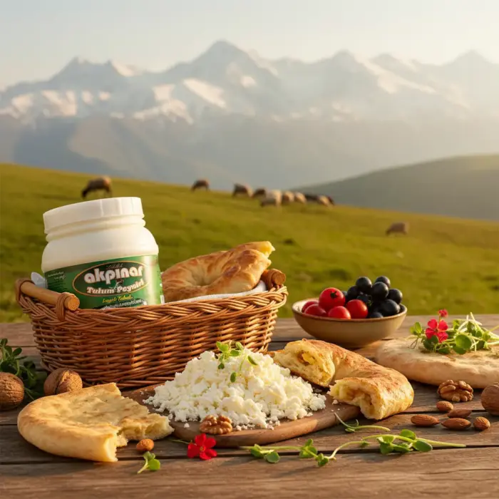 Dağ manzarası eşliğinde sofra üzerinde Erzincan Tulum Peyniri 900 gr ve yöresel yiyecekler