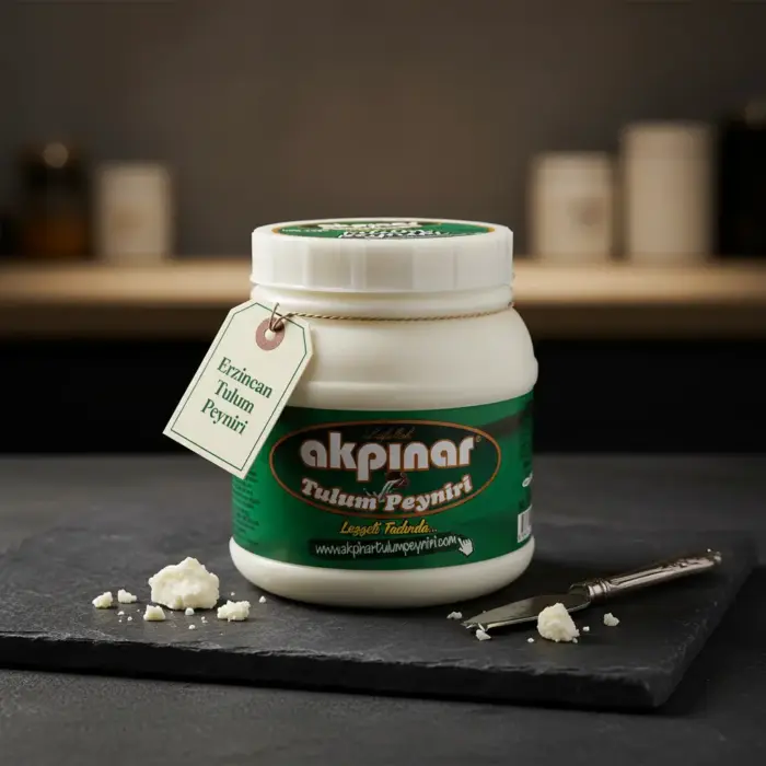 Erzincan Tulum Peyniri 900 gr kavanoz, siyah taş zemin üzerinde etiketli sunum